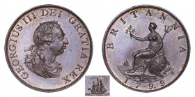George III, 1760-1820. Halfpenny, 1799, Soho Mint, Birmingham. As struck with lovely vibrant colours.. 12.70 g. 30 mm. S-3778. Ship with 5 incuse gunp...