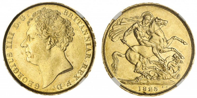 George IV, 1820-30. Gold Two Pounds, 1823, London. NGC AU55. 15.98 g. 28.4 mm. K...