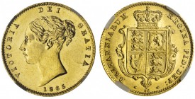 Victoria, 1837-1901. Gold Half Sovereign, 1865, London. NGC MS62. 4.00 g. 19.3 mm. Mintage: 1,834,750. Marsh 435, S.3860. Die number 38. Striking lust...