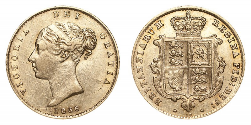 Victoria, 1837-1901. Gold Half Sovereign, 1866, London. Very fine.. 4.00 g. 19.3...