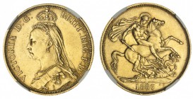 Victoria, 1837-1901. Gold Two Pounds, 1887, London. NGC AU58. 15.98 g. 28.4 mm. S-3865. In a protective plastic holder and graded NGC AU58. Certificat...