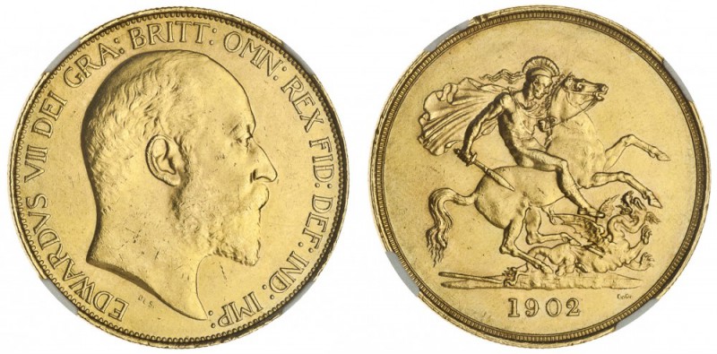 Edward VII, 1901-10. Gold Five Pounds, 1902, London. NGC MS62. 39.94 g. 38.6 mm....
