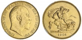 Edward VII, 1901-10. Gold Five Pounds, 1902, London. NGC MS62. 39.94 g. 38.6 mm. S-3965. In a protective plastic holder and graded NGC MS62. Certifica...