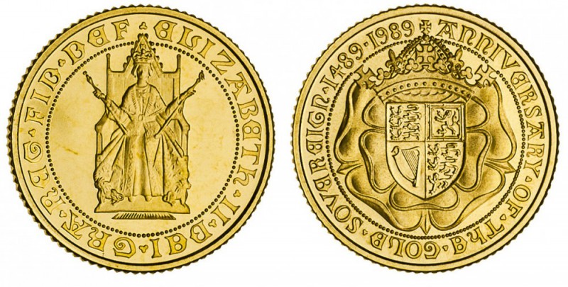 Elizabeth II, 1953-. Gold 2 Pounds - Double Sovereign, 1989, London. Fleur-de-Co...