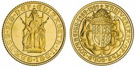 Elizabeth II, 1953-. Gold 2 Pounds - Double Sovereign, 1989, London. Fleur-de-Coin (FDC). 15.98 g. 28.4 mm. Mintage: 2,000. S.4262. 500 year anniversa...