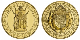 Elizabeth II, 1953-. Gold Half Sovereign, 1989, London. Fleur-de-Coin (FDC). 3.99 g. 19.3 mm. Mintage: 8,888. S.4276. 500 year anniversary of the gold...