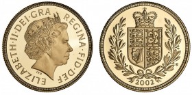 Elizabeth II, 1953-. Gold 2 Pounds - Double Sovereign, 2002, London. FDC. 15.98 g. 28.4 mm. Mintage: 3,000. S-4421. In the Royal Mint presentation box...