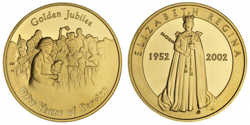 Elizabeth II, 1953-. Gold Five Pound Medal, 2002, Royal Mint. . 39.94 g. 38.61 m...