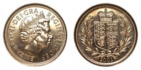 Elizabeth II, 1952-. Gold Half Sovereign, 2002, London. Almost uncirculated.. 4.00 g. 19.3 mm. Mintage: 61,347. S-4441. In a capsule and red presentat...