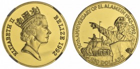 BELIZE. Elizabeth II, 1953-. Gold Proof 250 Dollars, 1992. NGC PF69 UCAM. 31.21 g. Mintage: 500. KM# 113. 50th anniversary of the battle at El Alamein...