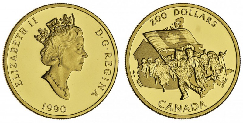 CANADA. Elizabeth II, 1953-. Proof $200 Canadian Flag Commemorative Coin, 1990. ...