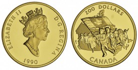 CANADA. Elizabeth II, 1953-. Proof $200 Canadian Flag Commemorative Coin, 1990. . 27.14 g. Mintage: 25,000. In origianal mint presentation box with CO...