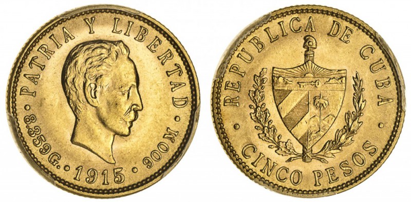 CUBA. Republic. Gold 5 Pesos, 1915. PCGS MS63. 8.36 g. KM# 19. In a protective p...