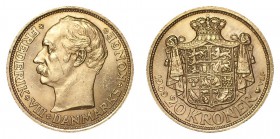 DENMARK. Frederik VIII, 1906-12. Gold 20 Kroner, 1909, Copenhagen. Extremely fine.. 8.96 g. Mintage: 365,000. KM# 810. Extremely fine.