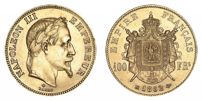 FRANCE. Napoleon III, 1852-70. Gold 100 Francs, 1862-BB, Strasbourg. Extremely f...