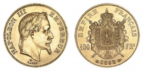FRANCE. Napoleon III, 1852-70. Gold 100 Francs, 1862-BB, Strasbourg. Extremely fine.. 32.26 g. 34 mm. Mintage: 3,078. F.551/2, KM# 802.2. Hairlines. E...