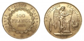 FRANCE. Napoleon III, 1852-70. Gold 100 Francs, 1882-A, Paris. About uncirculated.. 32.26 g. 34 mm. Mintage: 7,310. F.548/2, KM# 832. Genie' or Angel ...
