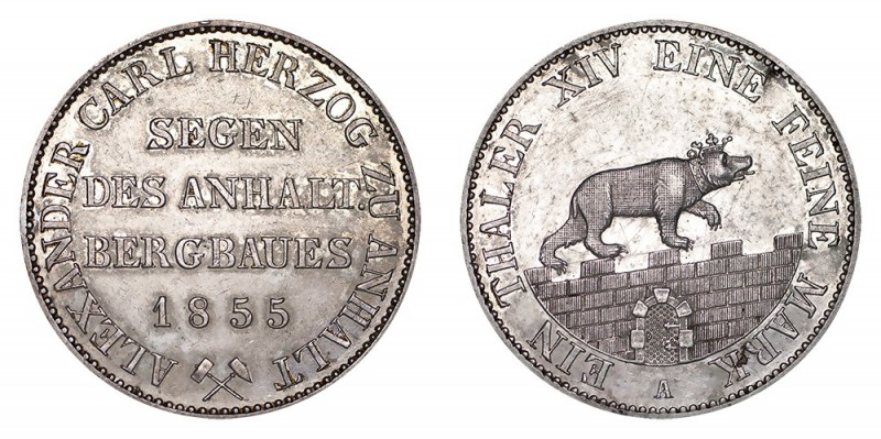 GERMANY: ANHALT. Alexander Carl, 1834-63. Thaler, 1855-A, Berlin. Good extremely...