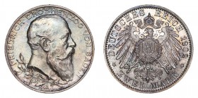 GERMANY: BADEN. Friedrich I, 1856-1907. 2 Mark, 1902-G, Karlsruhe. Practically as struck with lovely iridescent toning.. 11.11 g. 28 mm. Mintage: 375,...