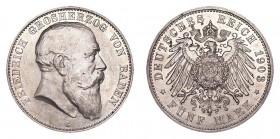 GERMANY: BADEN. Friedrich I, 1856-1907. 5 Mark, 1903-G, Karlsruhe. Extremely fine.. 27.77 g. 38 mm. Mintage: 243,821. J.33. Scattered hack marks. Extr...