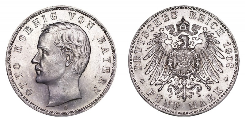 GERMANY: BAVARIA. Otto, 1886-1913. 5 Mark, 1908-D, Munchen. Uncirculated.. 27.78...