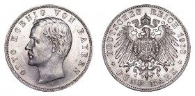 GERMANY: BAVARIA. Otto, 1886-1913. 5 Mark, 1908-D, Munchen. Uncirculated.. 27.78 g. 38 mm. Mintage: 576,579. J.46, KM# 915. Uncirculated.