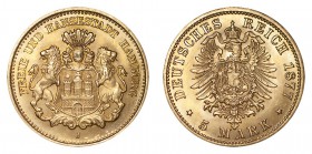 GERMANY: HAMBURG. Free City. Gold 5 Mark, 1877-J, Hamburg. Good extremely fine.. 1.99 g. 16 mm. Mintage: 440,820. J.208. Scarce, especially in the gra...