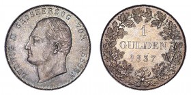 GERMANY: HESSE-DARMSTADT. Ludwig II, 1830-48. Gulden, 1837, Darmstadt. Choice uncirculated.. 10.61 g. 29 mm. KM# 308, J.38, AKS# 104. Rare in this hig...