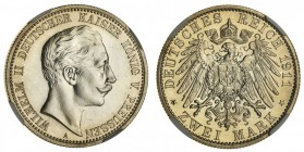 GERMANY: PRUSSIA. William II, 1888-1918. 2 Mark, 1911-A, Berlin. NGC PR65. 11.11 g. 28 mm. J.102. Scarce proof in choice uncirculated with cameo desig...