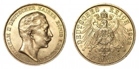 GERMANY: PRUSSIA. Wilhelm II, 1888-1918. Gold 20 Mark, 1912-A, Berlin. About uncirculated.. 7.97 g. 22.5 mm. Mintage: 5,569,398. J.252, KM# 521. About...