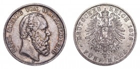 GERMANY: WUERTTEMBERG. Karl, 1864-91. 5 Mark, 1876-F, Stuttgart. About extremely fine.. 27.77 g. 38 mm. Mintage: 896,725. Jaeger 173. Beautifully tone...