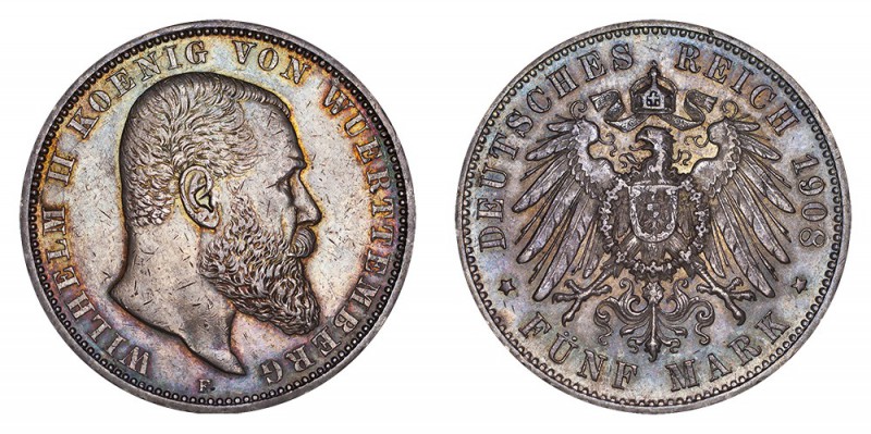 GERMANY: WUERTTEMBERG. Wilhelm II, 1891-1918. 5 Mark, 1908-F, Stuttgart. Extreme...