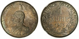 GERMAN EAST AFRICA. Wilhelm II, 1888-1918. Proof Rupie, 1905-J, Hamburg. NGC PF61. 11.70 g. 30.5 mm. Mintage: 950,000. J.722. Scarce proof from German...