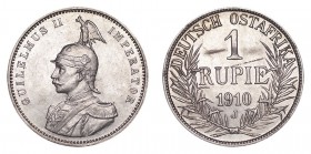 GERMAN EAST AFRICA. Wilhelm II, 1888-1918. Rupie, 1910-J, Hamburg. Uncirculated.. 11.70 g. 30.5 mm. Mintage: 2,700,000. J.722. Scarce this nice. Uncir...