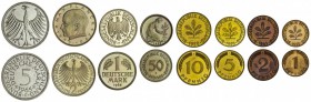 GERMANY. Republic. Year Set, 1965, Stuttgart. All coins brilliant uncirculated.. Plastic envelope with all denominations from 1965 (F mintmark=Stuttga...