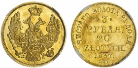 RUSSIA / POLAND. Nicholas I, 1825-55. Gold 3 Rouble / 20 Zlotych, 1837 SPB. NGC AU58. 3.89 g. Mintage: 30,072. KM C# 136.2. Darker golden toning to so...