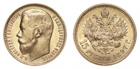 RUSSIA. Nicholas II, 1894-1917. Gold 15 Roubles, 1897, St. Petersburg. Mint State. 12.90 g. Mintage: 11,900,000. KM Y# 65.1. Mint State