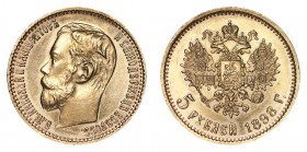 RUSSIA. Nicholas II, 1894-1917. Gold 5 Roubles, 1898. Uncirculated with unusually good details in hair.. 4.30 g. 18 mm. Mintage: 52,378,000. KM Y# 62....