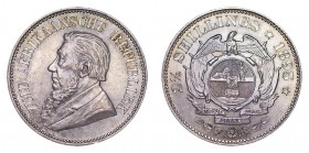 SOUTH AFRICAN REPUBLIC ZAR. Paul Kruger, president, 1883-1900. Halfcrown - 2 1/2 Shillings, 1895, Pretoria. Uncirculated and beautifully toned.. 14.14...