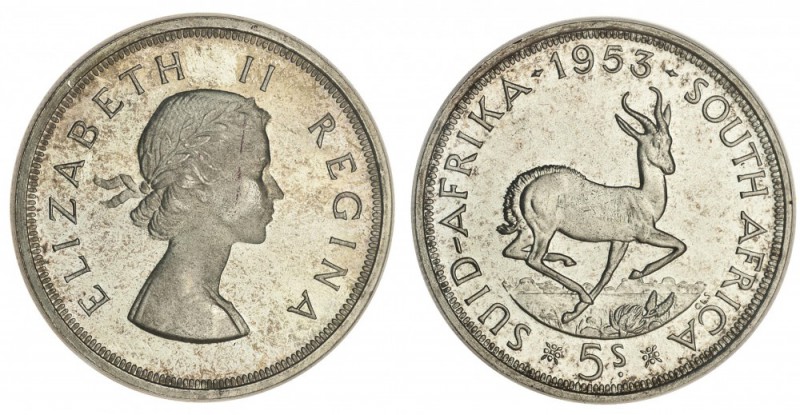 SOUTH AFRICA. Republic. 5 Shillings, 1953, Pretoria. PCGS PL65. 28.28 g. 38.8 mm...