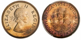 SOUTH AFRICA. Republic. Half-penny, 1954, Pretoria. PCGS PR65RD. 5.67 g. 25.6 mm. Mintage: 3,150. KM# 45. In a protective plastic holder and graded PC...