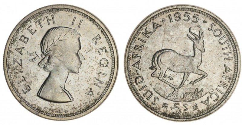 SOUTH AFRICA. Republic. 5 Shillings, 1955, Pretoria. PCGS PL65. 28.28 g. 38.8 mm...