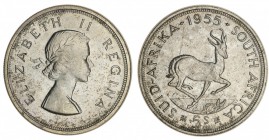 SOUTH AFRICA. Republic. 5 Shillings, 1955, Pretoria. PCGS PL65. 28.28 g. 38.8 mm. Mintage: 2,230. KM# 52. In a protective plastic holder and graded PC...
