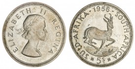 SOUTH AFRICA. Republic. 5 Shillings, 1956, Pretoria. PCGS PL65. 28.28 g. 38.8 mm. Mintage: 2,200. KM# 52. In a protective plastic holder and graded PC...