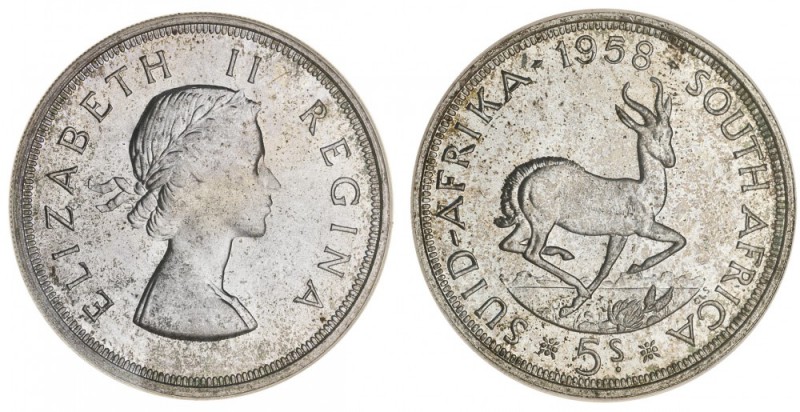 SOUTH AFRICA. Republic. 5 Shillings, 1958, Pretoria. PCGS PL66. 28.28 g. 38.8 mm...