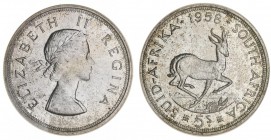 SOUTH AFRICA. Republic. 5 Shillings, 1958, Pretoria. PCGS PL66. 28.28 g. 38.8 mm. Mintage: 1,500. KM# 52. In a protective plastic holder and graded PC...
