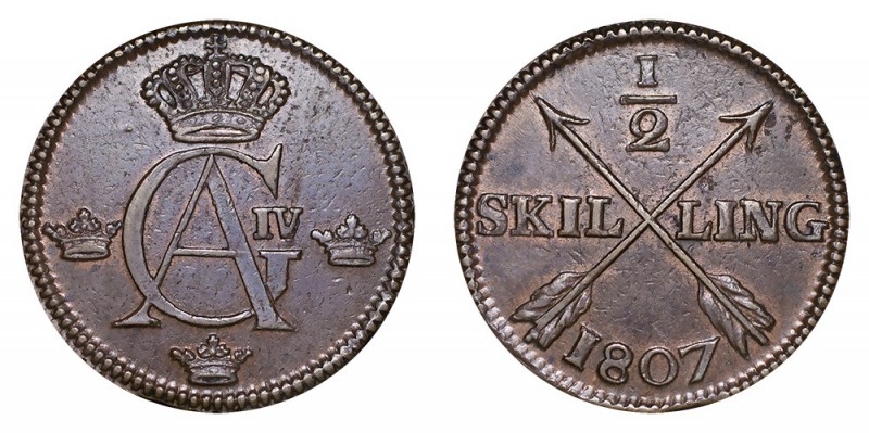 SWEDEN. Gustav IV Adolf, 1792-1809. 1/2 Skilling, 1807, Stockholm. Extremely fin...