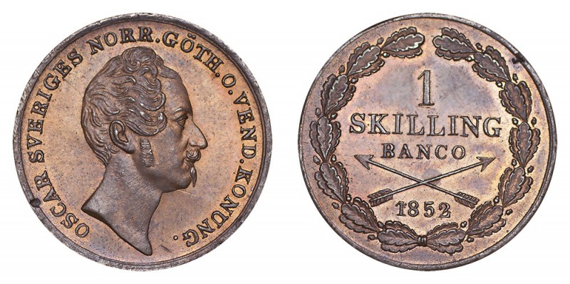 SWEDEN. Oscar I, 1844-59. Skilling Banco, 1852, Stockholm. . 11.30 g. 27.8 mm. M...