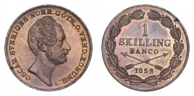 SWEDEN. Oscar I, 1844-59. Skilling Banco, 1852, Stockholm. . 11.30 g. 27.8 mm. Mintage: 153,600. KM# 671. Let of red—original mint lustre. Only the sl...