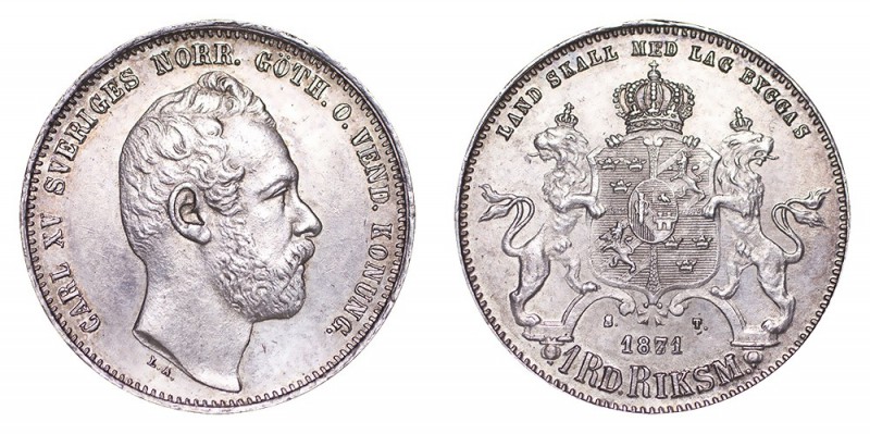 SWEDEN. Carl XV, 1859-72. Riksdaler Riksmynt, 1871/61, Stockholm. Extremely fine...